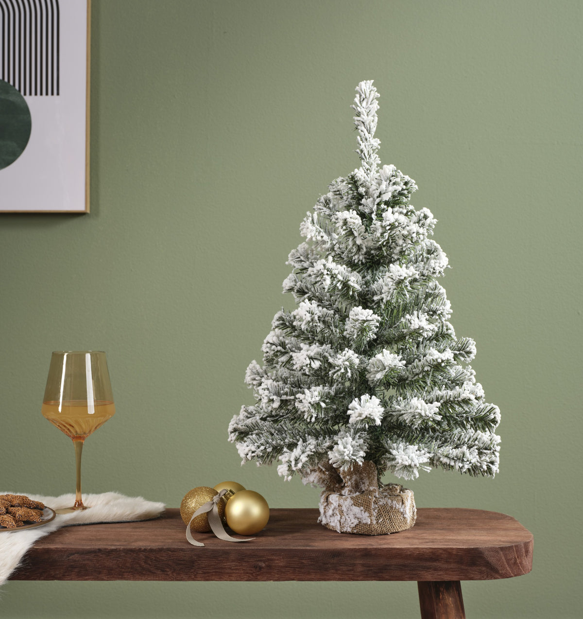 Mini Kunstkerstboom - H 60 cm - Besneeuwd - Jute Zak - foto 2